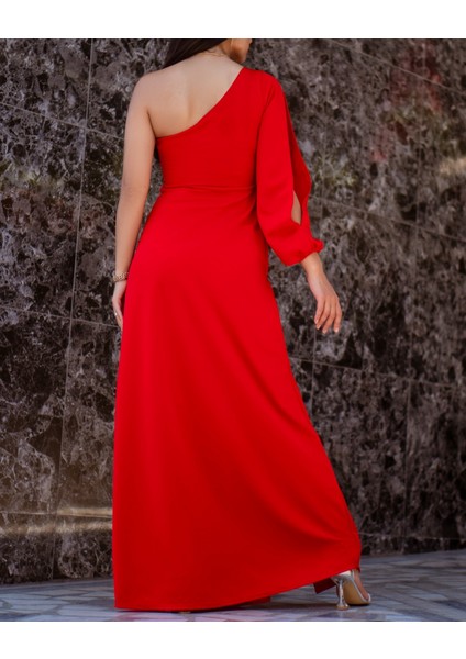 Tek Omuz Açık Derin Yırtmaçlı Krep Tam Boy Elbise fırsatları