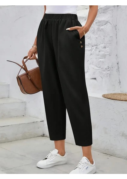 Kadın Yüksek Bel Yandan Cepli Düğme Detaylı Geniş Kesim Ithal Krep Pantolon modelleri