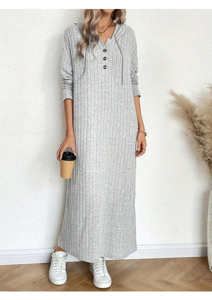 Kadın Uzun Kollu Kapşonlu Bağcıklı Şardonlu Kaşkorse Uzun Elbise indirimleri