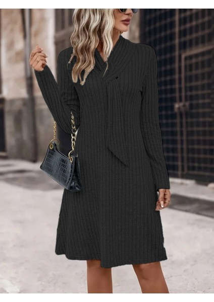 Kadın Uzun Kollu Çapraz Geçmeli Kravat Yaka Şardonlu Kaşkorse Kısa Elbise fiyatları