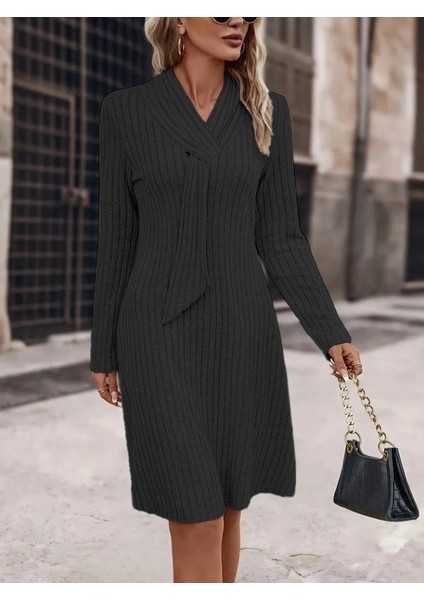 Kadın Uzun Kollu Çapraz Geçmeli Kravat Yaka Şardonlu Kaşkorse Kısa Elbise modelleri