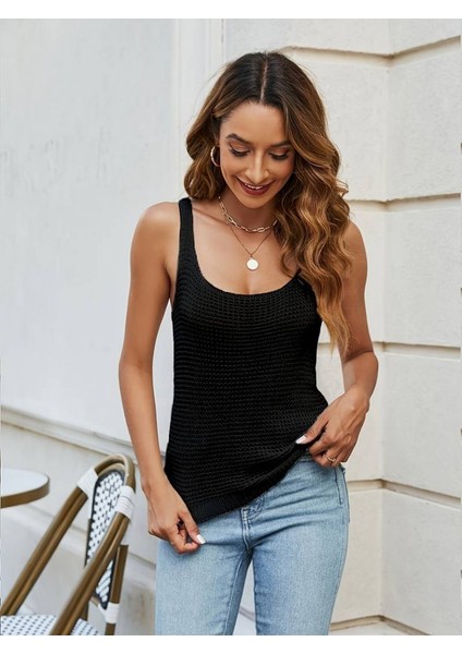 Kadın Kolsuz U Yaka Askılı Triko Bluz