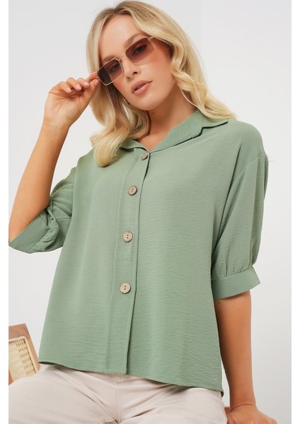 Kısa Kol Oversize Keten Gömlek 20240 - Çağla