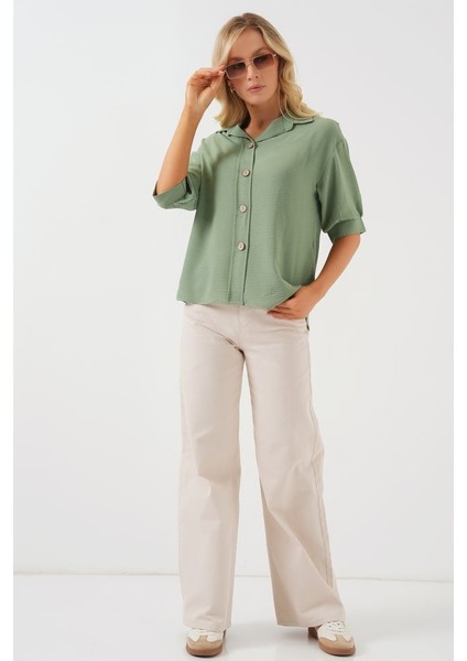 Kısa Kol Oversize Keten Gömlek 20240 - Çağla fiyatları