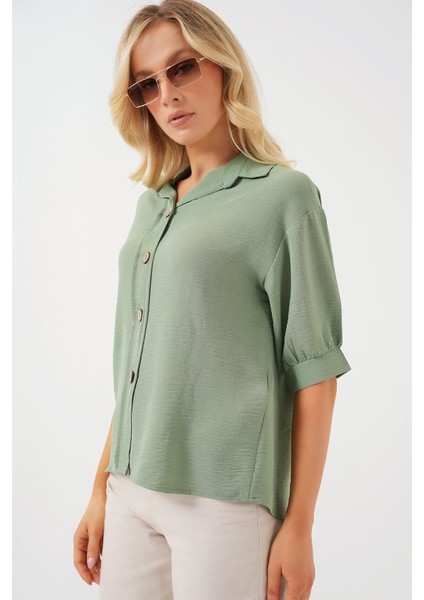 Kısa Kol Oversize Keten Gömlek 20240 - Çağla fırsatları