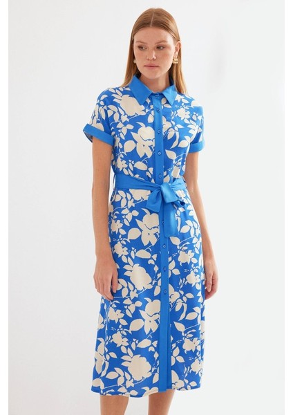 2455 Desenli Gömlek Elbise - Mavi