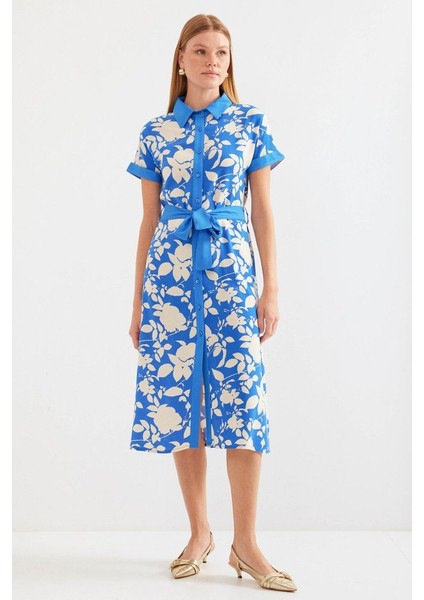 2455 Desenli Gömlek Elbise - Mavi fiyatları