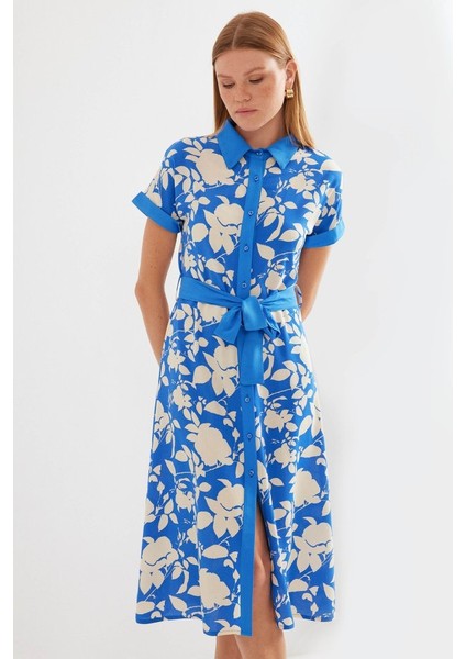 2455 Desenli Gömlek Elbise - Mavi modelleri