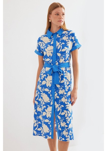 2455 Desenli Gömlek Elbise - Mavi fırsatları