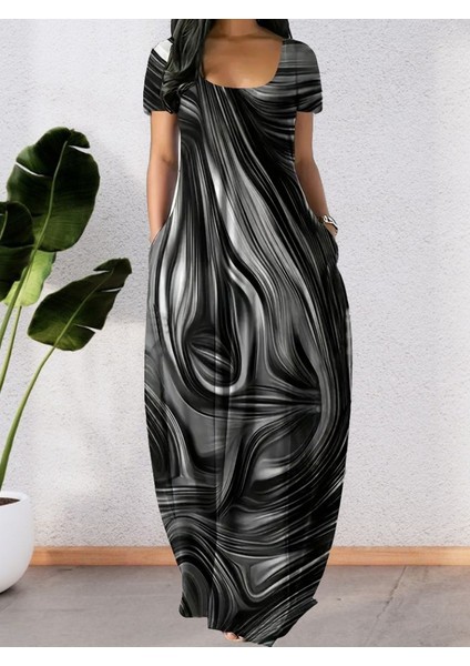 Kadın Kısa Kollu Yuvarlak Yaka Cepli Salaş Baskılı Süprem Elbise