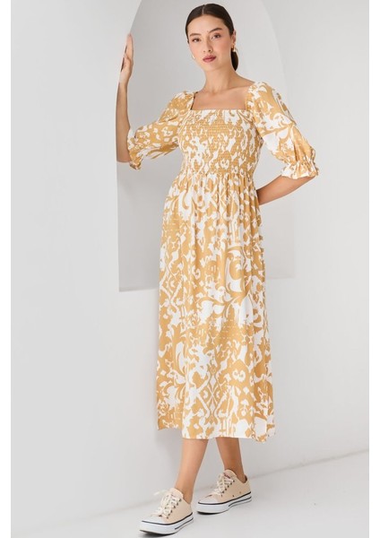 2512 Desenli Yırtmaçlı Elbise - Sarı fiyatları