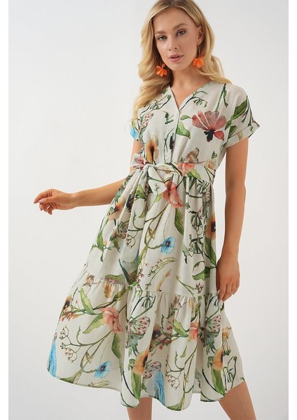 Desenli Kısa Kol Elbise 2558 - Çağla