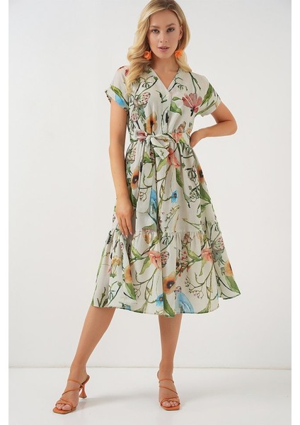 Desenli Kısa Kol Elbise 2558 - Çağla modelleri