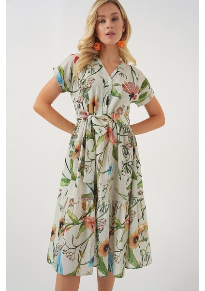 Desenli Kısa Kol Elbise 2558 - Çağla fırsatları