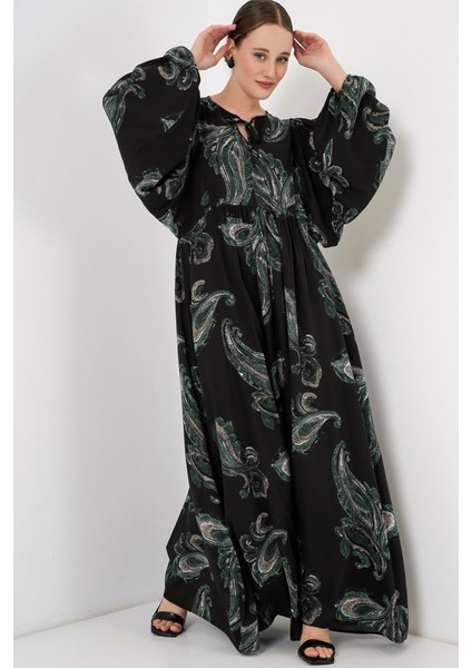 Balon Kol Uzun Tesettür Elbise 2464 - Y.yeşil modelleri