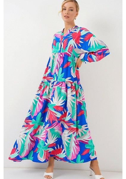 2423 Otantik Desenli Tesettür Elbise - D.pembe