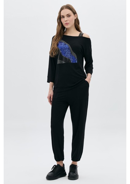 Saks Geçişli Dalga Desenli Taşlı T-Shirt