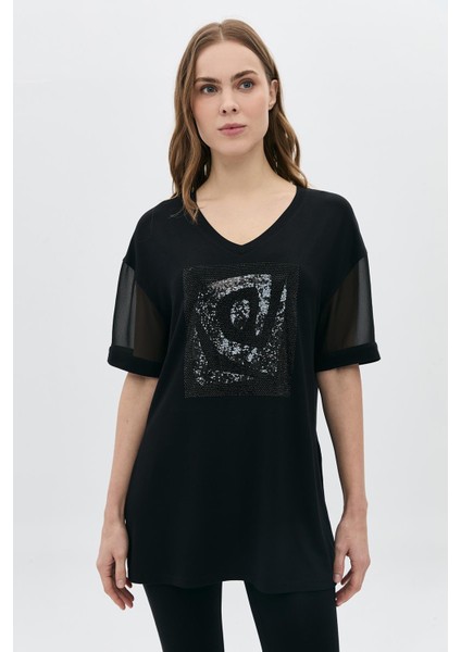 Kolları Tül V Yaka Önü Bsn Baskılı T-Shirt fiyatları