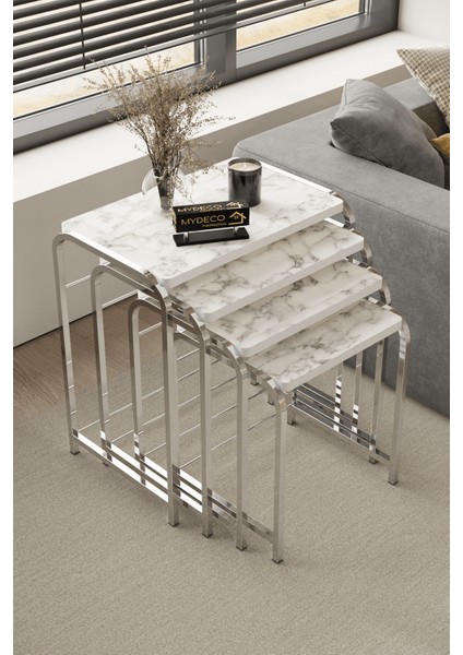 Defne 4' Lü Zigon Sehpa Gümüş Ayak Beyaz Mermer Desen 18 mm Mdf