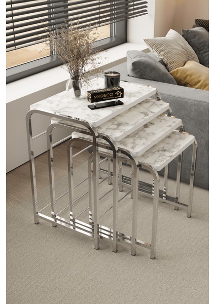 Defne 4' Lü Zigon Sehpa Gümüş Ayak Beyaz Mermer Desen 18 mm Mdf fiyatları