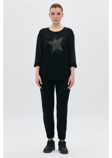 Yıldız Aplikeli Taşlı Çizgili Truvakar T-Shirt