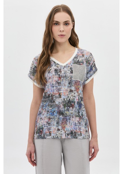 Dijital Baskılı V Yaka Çok Renk T-Shirt fiyatları