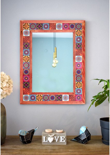 El Yapımı Masif Ahşap & Mandala Desenli Mermer Duvar Aynası – 48X63 cm | Model: 019.1