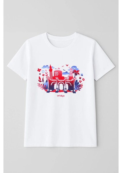 Kadın %100 Pamuk Antalya Baskılı Beyaz T-Shirt