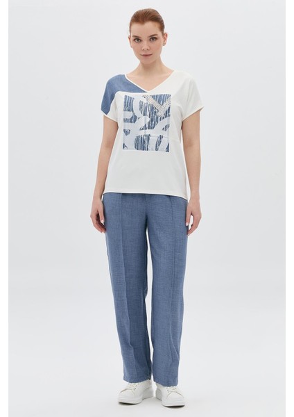 Kot Mavi Garnili Taşlı Baskılı T-Shirt