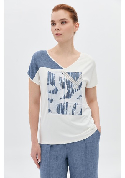 Kot Mavi Garnili Taşlı Baskılı T-Shirt fiyatları