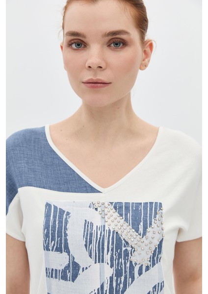 Kot Mavi Garnili Taşlı Baskılı T-Shirt modelleri