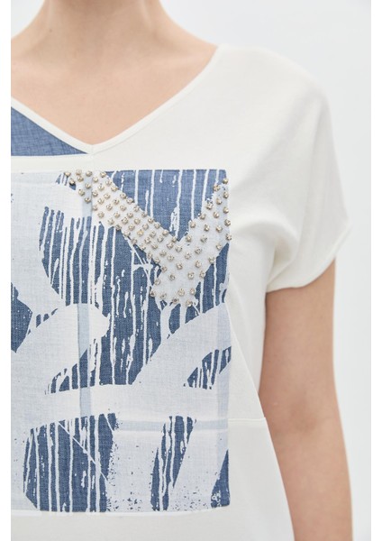 Kot Mavi Garnili Taşlı Baskılı T-Shirt fırsatları