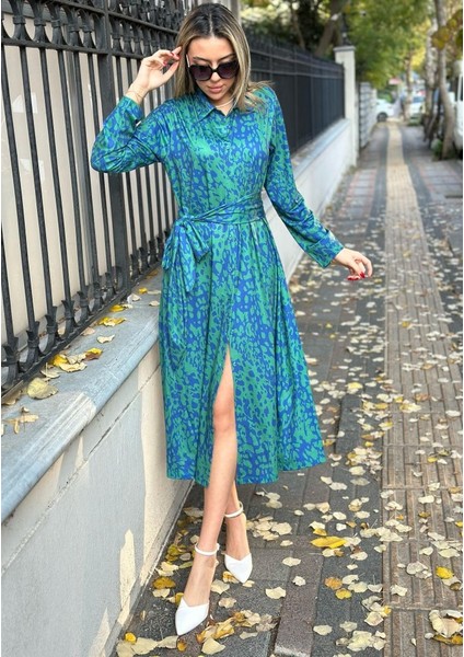 Kadın Uzun Kollu Yakalı Önden Düğmeli Beli Kuşaklı Uzun Süprem Elbise modelleri