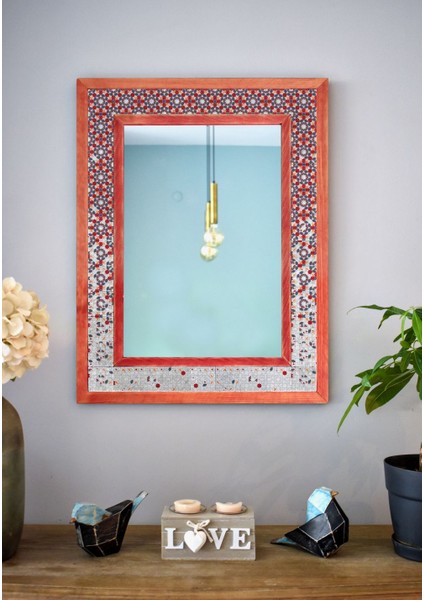 El Yapımı Masif Ahşap & Geometrik Desenli Mermer Duvar Aynası – 48X63 cm | Model: 042.2