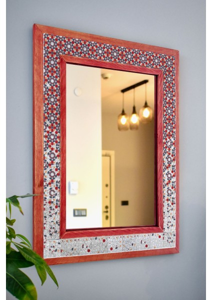 El Yapımı Masif Ahşap & Geometrik Desenli Mermer Duvar Aynası – 48X63 cm | Model: 042.2 fiyatları