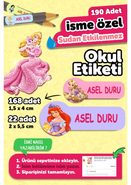 Okul Etiketi Kalem Defter Isimli Etiket Isim Yazılabilen Prenses Temalı - 190 Adet Özel Tasarım
