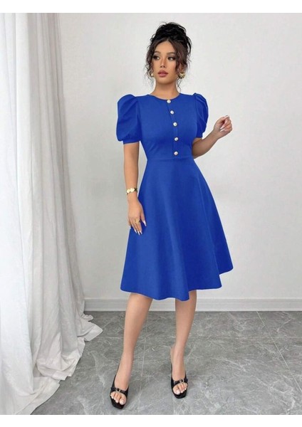 Kadın Kısa Kollu Bisiklet Yaka Önden Düğmeli Ithal Krep Elbise indirimleri