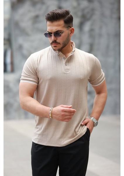 Erkek Düğme Yakalı Jakar Kumaş Kısa Kollu Tişört
