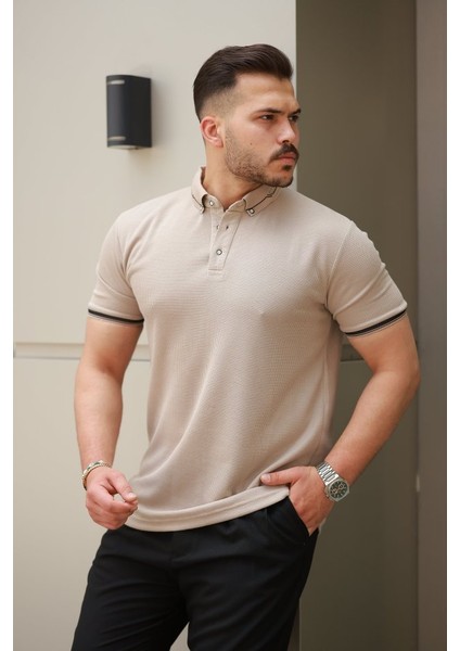 Erkek Düğmeli Yaka Waffle Kumaş Kısa Kollu Tişört