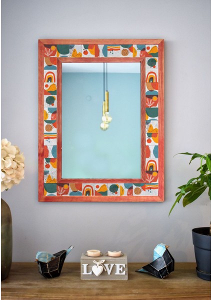 El Yapımı Masif Ahşap & Etnik Desenli Mermer Duvar Aynası – 48X63 cm | Model: 047.1