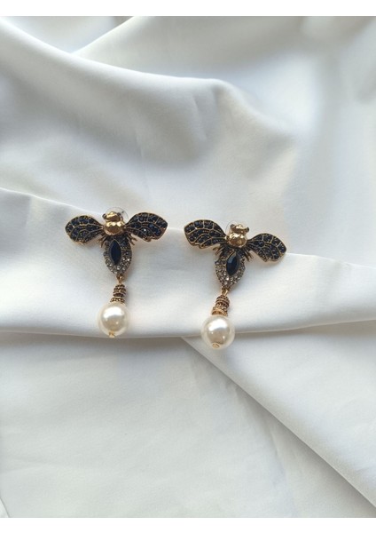 Gold Siyah Taşlı Tasarım Küpe