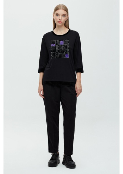 Fleks Taşlı Floklu T-Shirt