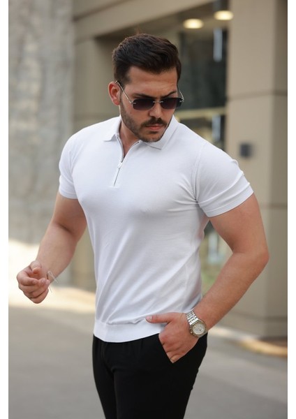 Erkek Fermuar Yakalı Kısa Kollu Tişört