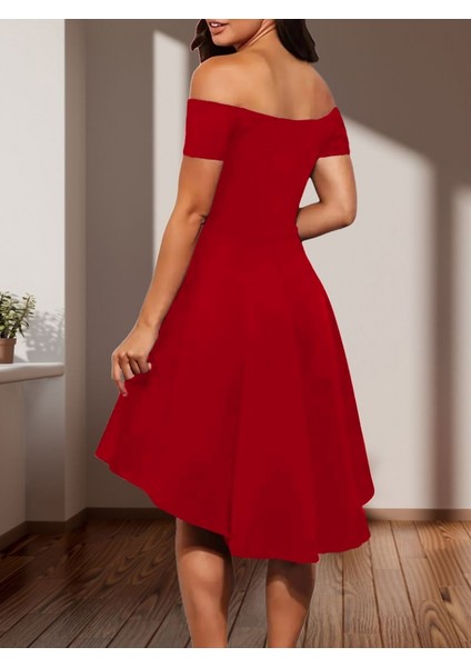 Kadın Kısa Kollu Madonna Yaka Önü Kısa Arkası Uzun Ithal Krep Elbise modelleri