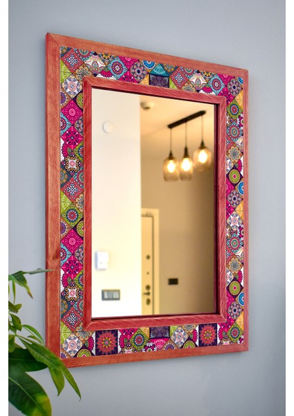 El Yapımı Masif Ahşap & Mandala Desenli Mermer Duvar Aynası – 48X63 cm | Model: 021.1 fiyatları