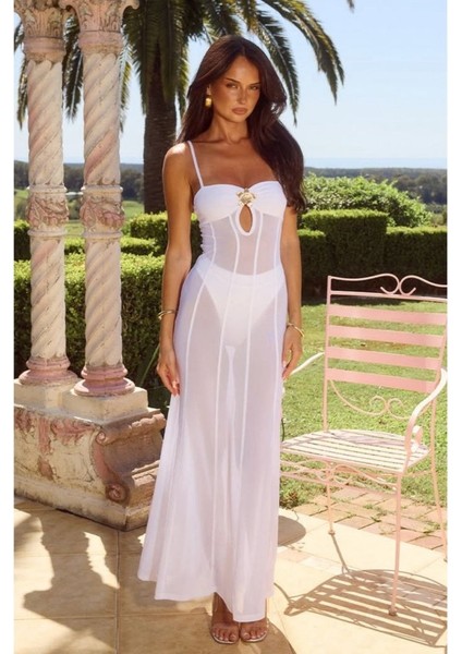 Kadın File ve Sendy Kumaş Broş Detaylı Transparan Pareo