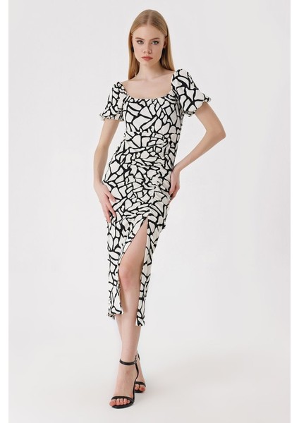 2396 Yırtmaçlı Yazlık Örme Elbise - D. Siyah