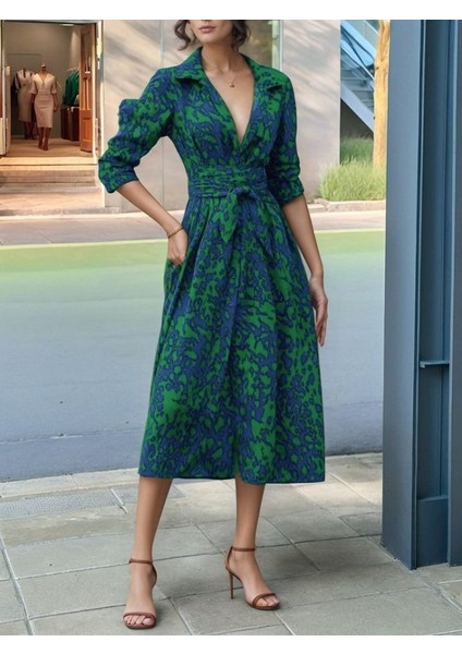 Kadın Uzun Kollu Yakalı Önden Düğmeli Beli Kuşaklı Uzun Süprem Elbise