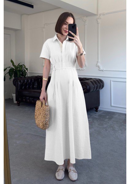 Beli Pileli Magarde Özel Seri Keten Elbise- Beyaz