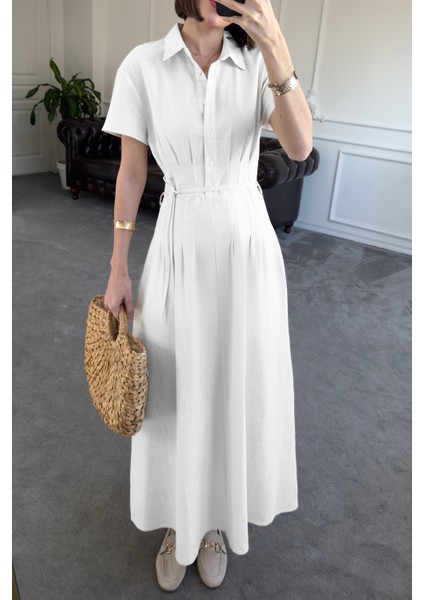 Beli Pileli Magarde Özel Seri Keten Elbise- Beyaz fiyatları